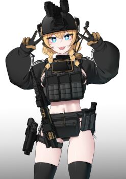 1girl absurdres ammunition_pouch black_gloves black_helmet black_jacket black_panties black_thighhighs blonde_hair blue_eyes braid bright_pupils combat_helmet cowboy_shot cropped_jacket double_v fast_helmet glock gloves gradient_background grey_background gun handgun helmet highres holster jacket k0ng long_hair long_sleeves looking_at_viewer midriff navel night_vision_device original panties pouch puffy_long_sleeves puffy_sleeves revision rifle side-tie_panties sig_mcx sig_sauer skindentation solo star-shaped_pupils star_(symbol) symbol-shaped_pupils thigh_holster thighhighs tongue tongue_out twin_braids two-sided_gloves underwear v weapon white_pupils yellow_gloves