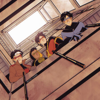 4boys artist_name batman_(series) black_bodysuit black_cape black_hair blue_bodysuit blue_mask bodysuit brothers brown_jacket cape child commentary damian_wayne dark-skinned_male dark_skin dc_comics dick_grayson domino_mask english_commentary eye_mask highres hood hooded_cape inverted-typo jacket jason_todd male_focus mask multicolored_bodysuit multicolored_hair multiple_boys nightwing red_bodysuit red_hood_(dc) red_robin robin_(dc) short_hair siblings smile streaked_hair superhero_costume taut_bodysuit tim_drake two-tone_bodysuit white_hair yellow_cape