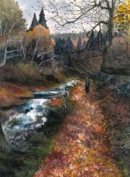 1boy bare_tree bush day dead_plants forest highres nature original painting_(medium) path pine_tree river riverbank road solo traditional_media tree water watercolor_(medium) yuki_furasi