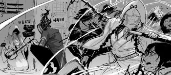 1other 2boys 2girls absurdres clock e.g.o_(project_moon) fighting hat highres hornet_(e.g.o) instrument japanese_clothes katana kimono limbus_company lobotomy_corporation_(identity)_(project_moon) meursault_(project_moon) multiple_boys multiple_girls object_head project_moon ryoshu_(project_moon) shamisen shiomi_yoru_(project_moon) sword the_g_(bhu204) veil weapon yi_sang_(project_moon)