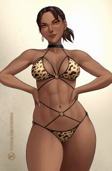 1girl 2024 animal_print bikini breasts brown_hair brown_lips capcom cleavage commentary contrapposto dark-skinned_female dark_skin earrings english_commentary female_focus gold gradient_background grey_background halterneck hand_on_own_hip head_tilt highres hoop_earrings jewelry leopard_print medium_hair multi-strapped_bikini_bottom multi-strapped_bikini_top muscular muscular_female parted_bangs resident_evil resident_evil_5 sheva_alomar smirk solo standing straight-on straight_hair suddakka swimsuit thick_lips toned toned_female v-shaped_eyebrows