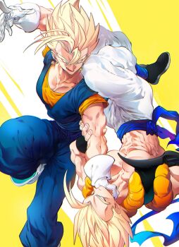 2boys battle black_vest blonde_hair blue_pants blue_sash blue_shirt boots cropped_vest dougi dragon_ball dragonball_z earrings gloves gogeta green_eyes highres jewelry male_focus medium_hair metamoran_vest multiple_boys muscular muscular_male no_shirt ommmyoh open_clothes open_vest orange_shirt pants potara_earrings rotational_symmetry sash shirt spiked_hair super_saiyan super_saiyan_1 vegetto vest white_background white_boots white_gloves yellow_background