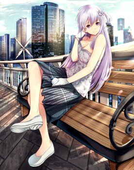1girl absurdres against_railing bare_shoulders bench bottle breasts building city cityscape cleavage cloud commission commissioner_upload corset crescent crescent_hair_ornament crescent_moon crossed_legs day elise_k._bradwell_(narrator-1) floral_pattern gloves grey_hair hair_ornament hand_on_own_face hand_rest highres holding holding_bottle large_breasts legs long_hair moon multicolored_skirt nui_gurumi on_bench original outdoors patterned_clothing purple_eyes railing side_ahoge sidelocks sitting skirt sky skyscraper solo straight_hair swept_bangs tile_floor tiles very_long_hair water_bottle white_corset white_footwear white_gloves windmill wooden_bench