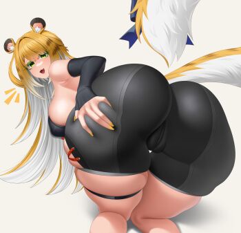 1girl \||/ alternate_breast_size animal_ears ass black_shirt black_shorts blonde_hair blue_bow bow breasts cameltoe commentary english_commentary green_eyes highres huge_ass ju_fufu large_breasts long_hair looking_at_viewer luunamito nail_polish open_mouth presenting presenting_ass shirt shorts sideboob smile solo tail tail_bow tail_ornament thigh_strap tiger_ears tiger_girl tiger_tail yellow_nails zenless_zone_zero