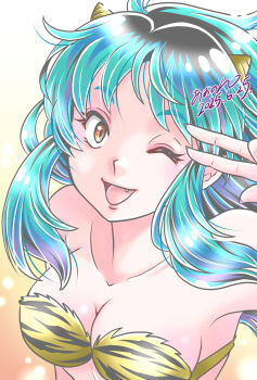 1girl 2025 ;d aononmi blue_hair bra breasts cleavage collarbone dated fang floating_hair highres horns long_hair lum medium_breasts one_eye_closed open_mouth orange_eyes signature smile solo strapless strapless_bra striped_bra striped_clothes tiger_stripes underwear upper_body urusei_yatsura v v_over_eye white_background yellow_bra