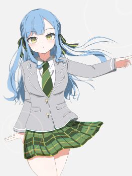 Rule 34 | 1girl, bang dream!, bang dream! it's mygo!!!!!, blue hair, blush, commentary, detached sleeves, green necktie, green ribbon, green skirt, grey jacket, hair ribbon, haneoka school uniform, highres, jacket, long hair, long sleeves, melty lubll, necktie, open mouth, plaid clothes, plaid skirt, ribbon, school uniform, sidelocks, skirt, solo, togawa sakiko, yellow eyes