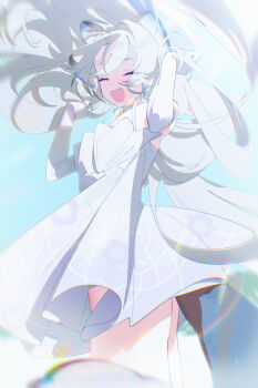 1girl absurdres animal_ears blue_archive blurry blurry_foreground bm_tol closed_eyes commentary cowboy_shot dress elbow_gloves facing_viewer gloves grey_hair hands_on_own_head hands_up hat highres long_hair michiru_(blue_archive) michiru_(dress)_(blue_archive) open_mouth outdoors smile solo symbol-only_commentary white_dress white_gloves white_hat