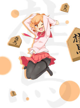 1girl ;d arms_up black_pantyhose blush circle commentary_request dot_nose drop_shadow fang floating_clothes full_body haibara_nanaka highres jumping kami_nomi_zo_shiru_sekai long_sleeves looking_at_viewer looking_to_the_side midriff_peek mikoten35 miniskirt neckerchief no_shoes one_eye_closed open_mouth orange_eyes orange_hair pantyhose parted_bangs partial_commentary pink_neckerchief pink_shirt pleated_skirt red_sailor_collar red_skirt sailor_collar school_uniform shirt shogi_piece short_hair simple_background skirt smile solo text_background thighband_pantyhose undershirt v-shaped_eyebrows white_background