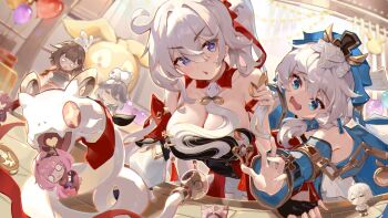 4girls ahoge asc11 bare_shoulders blue_dress blue_eyes blue_sleeves breasts brown_hair china_dress chinese_clothes cleavage controller coralie_6626_planck coralie_6626_planck_(puppy_patrol) detached_sleeves dress eden_(honkai_impact) elysia_(honkai_impact) elysia_(miss_pink_elf)_(honkai_impact) game_controller grey_hair highres holding holding_controller holding_game_controller homu_(honkai_impact) honkai_(series) honkai_impact_3rd kevin_kaslana kiana_kaslana kiana_kaslana_(ba-dum!_fiery_wishing_star) large_breasts li_sushang li_sushang_(auspicious_dazzle) long_hair multiple_girls nintendo_switch o_o official_art open_mouth pardofelis rice_cake_(honkai_impact) snake theresa_apocalypse theresa_apocalypse_(astralop) very_long_hair white_hair