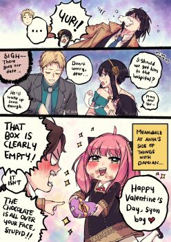 2girls 3boys ahoge angry anya_(spy_x_family) box box_of_chocolates child chocolate commentary damian_desmond dirty dirty_face english_commentary english_text fainted fainting foaming_at_the_mouth food green_eyes happy_valentine heart-shaped_box highres holding holding_chocolate holding_food multiple_boys multiple_girls nervous nervous_sweating open_mouth pink_hair rolling_eyes rusky smile speech_bubble spy_x_family sweat teeth twilight_(spy_x_family) upper_teeth_only yor_briar yuri_briar