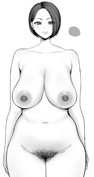 1girl absurdres arms_at_sides breasts closed_mouth collarbone completely_nude cowboy_shot excessive_pubic_hair female_pubic_hair greyscale highres large_breasts looking_at_viewer mature_female monochrome navel nipples nude pubic_hair sakura_shiina short_hair simple_background solo standing white_background
