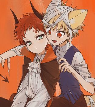 2boys animal_ears aqua_eyes ascot bandaged_arm bandaged_head bandages black_cloak black_pants blonde_hair blue_vest claws cloak closed_mouth collared_shirt commentary demon_costume demon_horns demon_tail facial_mark fox_ears fox_tail gaara_(naruto) hair_between_eyes halloween highres horns light_frown male_focus multiple_boys mummy_costume naruto_(series) no_eyebrows no_pupils open_mouth orange_background pants red_eyes red_hair scar scar_on_face scar_on_forehead shirt short_hair slit_pupils smile spiked_hair symbol-only_commentary tail torn_clothes uzumaki_naruto vest whisker_markings white_ascot white_shirt xxny_iixx