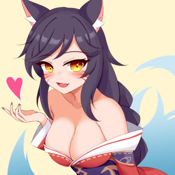 Rule 34 | ahri (league of legends), animal ears, arm at side, ayatori (aytr), bare shoulders, black hair, braid, breasts, cleavage, collarbone, dot nose, dress, eyelashes, facial mark, fang, fingernails, fox ears, fox girl, fox tail, from side, hand up, kitsune, large breasts, league of legends, leaning forward, long hair, looking at viewer, looking to the side, low-braided long hair, low-tied long hair, nail polish, off-shoulder dress, off shoulder, open mouth, red dress, red nails, simple background, smile, tail, two-tone dress, upper body, white dress, yellow background, yellow eyes