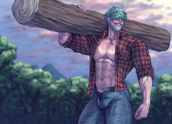1boy abs alternate_costume alternate_facial_hair alternate_muscle_size bara bare_pectorals blurry blurry_background carless_(ppanic) carrying_over_shoulder collared_shirt commentary commission denim english_commentary fire_emblem fire_emblem:_the_blazing_blade forest green_hair hair_over_eyes highres jeans large_pectorals log lowen_(fire_emblem) lumberjack male_focus muscular muscular_male nature navel nintendo open_clothes open_fly open_shirt outdoors pants pectorals plaid_clothes plaid_shirt shirt sleeves_rolled_up sweat