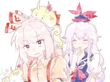 Rule 34 | 2girls, :3, blue dress, blue hair, blue hat, blush, bow, bright pupils, closed eyes, closed mouth, collared shirt, creature on head, dress, ex-keine, fujiwara no mokou, grey shirt, hair bow, hat, highres, horn bow, horn ornament, horns, kamishirasawa keine, long hair, multiple girls, puff of air, red eyes, seiryo0425, shirt, simple background, smile, sukusuku hakutaku, suspenders, sweat, touhou, white background, white pupils