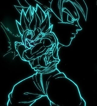 2boys arm_blade black_background blue_theme cowboy_shot dougi dragon_ball dragon_ball_super energy_sword hashtag-only_commentary lafia_db lineart male_focus medium_hair multiple_boys muscular muscular_male simple_background son_goku spiked_hair super_saiyan super_saiyan_blue sword vegetto weapon