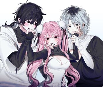 1girl 2boys black_eyes black_hair black_hoodie black_nails black_shrug bluv_d clothing_cutout dress grey_hair highres hood hoodie layered_clothes looking_at_another looking_at_viewer multiple_boys original pink_hair pointy_ears shrug_(clothing) white_dress white_hoodie