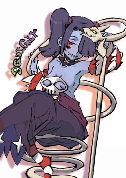 1girl blue_hair blue_skin breasts character_name colored_skin convenient_censoring detached_collar dress hair_over_one_eye kikuta_kouichi leviathan_(skullgirls) medium_breasts red_eyes skullgirls smile socks solo squigly_(skullgirls) stitched_mouth stitches striped_clothes striped_socks thick_thighs thighs topless_female white_background wide_hips