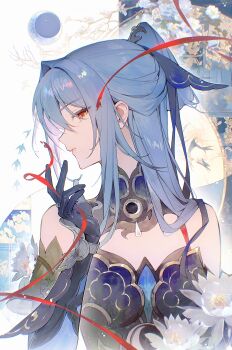 1girl absurdres bare_shoulders blue_hair breasts chromatic_aberration commentary detached_sleeves hand_up highres honkai:_star_rail honkai_(series) jingliu_(honkai:_star_rail) long_hair long_sleeves looking_at_viewer medium_breasts parted_lips ponytail red_eyes sidelocks solo upper_body uxien