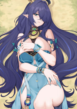 Rule 34 | 1girl, antlers, aqua dress, armlet, bare shoulders, blue hair, bracelet, breasts, cleavage, deer antlers, deer girl, dress, earrings, genshin impact, green eyes, hair over one eye, highres, horns, jewelry, large breasts, lauma (genshin impact), long hair, looking at viewer, neck ring, pak ce, pelvic curtain, pendant, pointy ears, sidelocks, solo, thighs