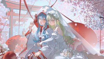Rule 34 | 2girls, absurdres, bang dream!, bang dream! it's mygo!!!!!, blue hair, bridal gauntlets, bridal veil, cherry blossoms, chinese commentary, commentary request, detached sleeves, dress, falling petals, green hair, hair ornament, hairclip, highres, hug, hug from behind, japanese clothes, kimono, long hair, maoerduo meow, multiple girls, oil-paper umbrella, open mouth, petals, red umbrella, second-party source, shiromuku, sidelocks, togawa sakiko, torii, uchikake, umbrella, veil, wakaba mutsumi, wedding dress, white dress, white kimono, wife and wife, yellow eyes, yuri