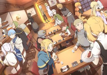 6+boys 6+girls absurdres alcohol aletta apron armor beard bell_cranel black_hair blonde_hair blue_eyes blue_hair blush brown_hair chair chef chef_hat chilchuck_tims closed_mouth commentary_request crossover cup drinking drinking_glass dungeon_meshi dungeon_ni_deai_wo_motomeru_no_wa_machigatteiru_darou_ka dwarf eating edomae_elf eisen_(sousou_no_frieren) eldali_ilma_fanomenel elf facial_hair fake_horns food frieren green_eyes green_hair halfling hat heiter helmet highres himmel_(sousou_no_frieren) horned_helmet horns indoors isekai_ojisan isekai_shokudou kaai_yuu kuro_(isekai_shokudou) laios_touden maid_apron marcille_donato mug multiple_boys multiple_crossover multiple_girls mushoku_tensei on_chair open_mouth orange_hair parfait partial_commentary pointy_ears restaurant rudeus_greyrat ryu_lion senshi_(dungeon_meshi) shibazaki_yousuke sitting smile sousou_no_frieren species_connection squid standing steak sui_(isekai_ojisan) sylphiette_(mushoku_tensei) table tenshu_(isekai_shokudou) twintails white_hair wooden_floor