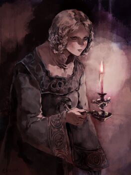 Rule 34 | 1girl, blonde hair, braid, braided hair rings, candlelight, candlestand, commentary, dress, elden ring, english commentary, fune (nkjrs12), green dress, hair rings, highres, holding, holding candlestand, hunched over, mole, mole under mouth, ornate clothes, rya (elden ring), second-party source, short hair, simple background, slouching, snake girl, solo, upper body