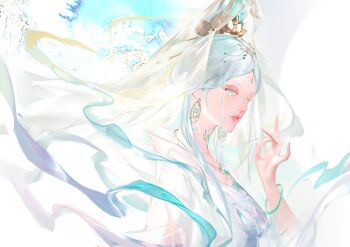 Rule 34 | 1girl, abstract background, absurdres, blue eyes, blue hair, chinese commentary, collarbone, commentary, dress, du ruo (path to nowhere), earrings, eyeshadow, facial hair, facial mark, forehead, forehead jewel, forehead mark, from side, green shawl, guanyin, hair ornament, hairpin, half-closed eyes, headpiece, highres, jade bracelet, jewelry, lips, lotus hair ornament, makeup, mudra, multiple hairpins, parted bangs, parted lips, path to nowhere, pearl hair ornament, qingci, red eyeshadow, see-through clothes, see-through veil, shawl, solo, upper body, variant set, veil, white dress