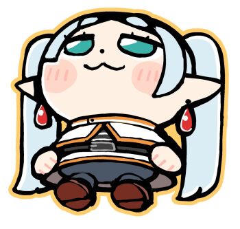 1girl :3 bkub black_pantyhose black_shirt blue_hair blush_stickers brown_shoes capelet chibi chibi_only closed_mouth dot_nose earrings elf frieren full_body green_eyes jewelry long_hair looking_up meme outline pantyhose pointy_ears shirt shoes simple_background skirt smile solo sousou_no_frieren standing teardrop_earrings twintails upward_angle_frieren_drawing_(meme) white_background white_capelet white_skirt yellow_outline