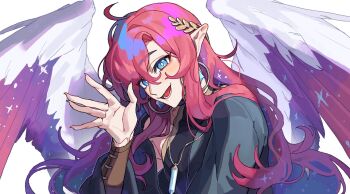 1boy :d angel_wings black_jacket black_shirt blue_eyes borrowed_character bright_pupils commission curtained_hair earrings hair_between_eyes hand_up happy head_tilt highres hoop_earrings jacket jewelry long_hair looking_at_viewer lower_teeth_only male_focus necklace neri_neri_da open_clothes open_jacket open_mouth original pendant pink_hair pointy_ears shirt side_part simple_background single_bare_shoulder skeb_commission smile solo starry_wings teeth three-quarter_sleeves trap upper_body very_long_hair waving wavy_hair white_background white_pupils wings wrist_guards