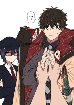 Rule 34 | !?, 1boy, 1other, androgynous, belt, black hair, black hat, black shirt, coat, coat on shoulders, collared shirt, crossed arms, fate/grand order, fate (series), formal clothes, fur-trimmed coat, fur trim, glasses, grey jacket, grey suit, hat, highres, jacket, katana, lapels, looking at viewer, low ponytail, miyamoto iori (celebratory attire) (fate), miyamoto iori (fate), necktie, newsboy cap, notched lapels, orange eyes, overcoat, ponytail, red-framed eyewear, red necktie, sheath, sheathed, shirt, sidelocks, suit, suit jacket, sweat, sword, unbuttoned jacket, uzura (uzrtamago), weapon, white belt, white necktie, white shirt, yamato takeru (fate), yamato takeru (second ascension) (fate)
