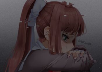 1girl artist_name brown_hair commentary crying crying_with_eyes_open doki_doki_literature_club english_commentary female_focus glitch green_eyes grey_background hair_ribbon highres long_hair monika_(doki_doki_literature_club) ponytail profile ribbon sasoura school_uniform solo static tears white_ribbon
