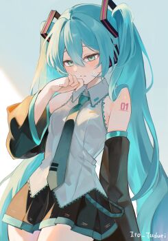 1girl absurdres aqua_eyes aqua_hair aqua_necktie armpit_crease bare_shoulders black_sleeves boots breasts closed_mouth commentary_request detached_sleeves grey_shirt hair_between_eyes hair_ornament hatsune_miku highres ito_tuduri long_hair looking_at_viewer medium_breasts necktie shirt skirt sleeveless sleeveless_shirt solo sweat thigh_boots thighhighs thighs twintails very_long_hair vocaloid zettai_ryouiki