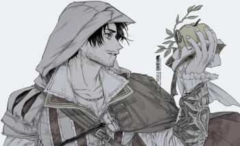 Rule 34 | 2boys, apple (reverse:1999), apple (the fruit of wisdom) (reverse:1999), assassin's creed (series), assassin's creed ii, beard stubble, branch, commentary request, english text, ezio auditore da firenze, facial hair, food, fruit, greyscale, gyujik qzc, hidden blade (assassin's creed), highres, holding, holding food, holding fruit, hood, hood up, korean commentary, looking at another, monochrome, monocle, monocle chain, multiple boys, reverse:1999, scar, scar on face, scar on mouth, stubble, white background