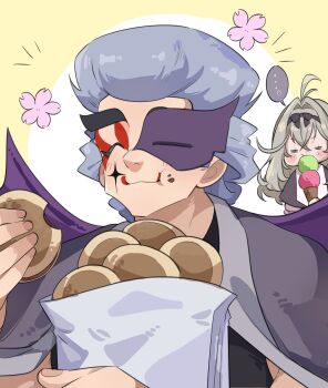 Rule 34 | ..., 1boy, 1girl, antenna hair, blonde hair, blush stickers, closed mouth, commentary request, dorayaki, eating, eye mask, food, goemon (precure), grey hair, hair ribbon, half eye mask, highres, himono no tsukudani, holding, holding food, holding ice cream cone, ice cream, ice cream cone, long hair, makeup, mask, meitantei precure!, moria luluka, multiple scoops, precure, ribbon, smile, solo focus, spoken ellipsis, wagashi
