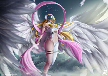 angel angewomon armor asymmetrical_legwear asymmetrical_leotard bare_shoulders belt blonde_hair breastplate breasts cloud cloudy_sky covered_eyes digimoji digimon digimon_(creature) floating floating_hair helmet leotard lipstick long_hair makeup medium_breasts multiple_belts multiple_wings muscular muscular_female navel petals pink_lips pink_scarf scarf sky thigh_strap tonyra wide_hips winged_helmet wings