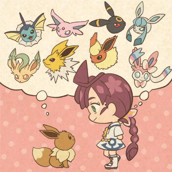 1girl :3 anchor_print arms_behind_back blue_eyes boots braid bright_pupils brown_eyes chloe_(pokemon) closed_mouth commentary_request dress eevee espeon eyelashes flareon forehead_jewel from_side gen_1_pokemon gen_2_pokemon gen_4_pokemon gen_6_pokemon glaceon green_eyes imagining jolteon leafeon long_hair mojacookie nintendo official_art open_mouth pokemon pokemon_(anime) pokemon_(creature) pokemon_journeys polka_dot polka_dot_background purple_eyes red_eyes red_hair second-party_source short_sleeves single_braid smile speech_bubble sylveon thought_bubble umbreon vaporeon white_boots white_dress white_pupils
