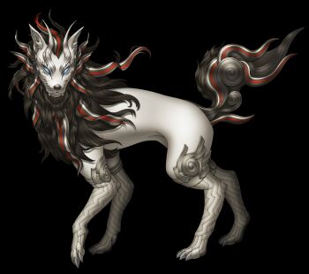 Rule 34 | artist request, black fur, blue eyes, demon (megami tensei), dog, fangs, grey claws, hayataro (megami tensei), highres, no humans, official art, red fur, shin megami tensei, shin megami tensei v, solo, third-party source, transparent background, white fur