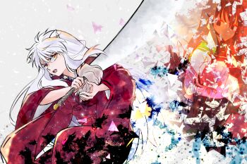 108_(toowa) 1boy 1girl animal_ears bead_necklace beads black_hair bow_(weapon) commentary_request dog_boy dog_ears green_sailor_collar hair_between_eyes higurashi_kagome holding holding_sword holding_weapon inuyasha inuyasha_(character) japanese_clothes jewelry kimono long_hair long_sleeves necklace open_mouth red_kimono sailor_collar sailor_shirt school_uniform shirt sword teeth tessaiga upper_teeth_only very_long_hair weapon white_hair white_shirt wide_sleeves yellow_eyes