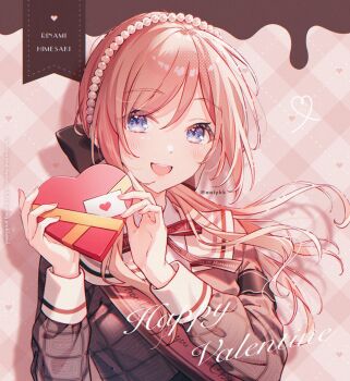 Rule 34 | 1girl, :d, blue eyes, box, brown hair, brown ribbon, character name, clothes writing, commentary request, gakuen idolmaster, happy valentine, heart, heart-shaped box, heart of string, highres, himesaki rinami, holding, holding box, idolmaster, long hair, looking at viewer, low ponytail, neck ribbon, open mouth, plaid background, ponytail, ribbon, sash, shoulder sash, smile, solo, tadano yukiko