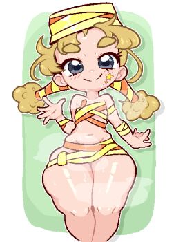 1girl alpha_transparency blonde_hair calamity33 closed_mouth female_focus flat_chest grey_eyes highres legs_together looking_at_viewer medium_hair minto_wada naked_ribbon navel ojamajo_doremi orange_ribbon ribbon shiny_skin smile solo star_(symbol) sweat thick_thighs thighs twintails waving yellow_ribbon