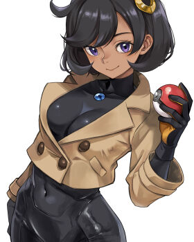 1girl black_hair breasts brown_jacket closed_mouth commentary covered_navel cropped_jacket dark-skinned_female dark_skin emma_(pokemon) highres holding holding_poke_ball jacket jajanome looking_at_viewer medium_breasts nintendo poke_ball poke_ball_(basic) pokemon pokemon_legends:_z-a purple_eyes short_hair side_ahoge simple_background skin_tight smile solo white_background