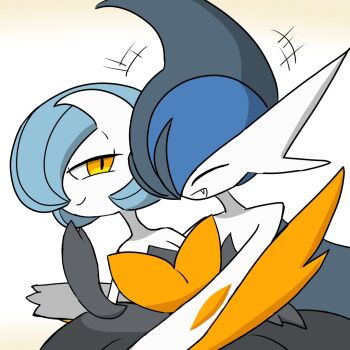 +++ 1boy 1girl ^_^ alternate_color arm_blade bare_shoulders black_dress black_gloves black_hair blue_hair bob_cut closed_eyes closed_mouth colored_skin dress elbow_gloves fang gallade gardevoir gen_3_pokemon gen_4_pokemon gloves gradient_background hair_over_one_eye half-closed_eyes hand_to_own_mouth hand_up happy hug looking_at_another mega_gallade mega_gardevoir mega_pokemon mohawk monya multicolored_hair nintendo one_eye_covered open_mouth orange_eyes pokemon pokemon_(creature) shiny_pokemon short_hair simple_background smile strapless strapless_dress two-tone_hair upper_body weapon white_background white_skin