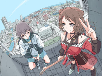 2girls bang_dream! bang_dream!_it&#039;s_mygo!!!!! bare_shoulders black_shorts black_socks blue_shorts breast_pocket brown_eyes brown_hair city cityscape closed_mouth collared_shirt cone_hair_bun day double_bun dutch_angle fisheye full_body grey_hair guitar hair_bun hair_ornament hand_up highres holding holding_guitar holding_instrument holding_microphone instrument ishinomaki_rokorou jacket kneehighs layered_clothes layered_shirt long_sleeves looking_at_viewer medium_hair microphone multiple_girls off-shoulder_jacket off_shoulder on_wall open_mouth outdoors pocket purple_eyes railing river scenery shirt shoes short_hair shorts sitting sitting_on_wall smile sneakers socks standing star_(symbol) star_hair_ornament takamatsu_tomori tank_top toyama_kasumi v white_footwear