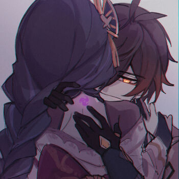 1boy 1girl absurdres back back_bow back_tattoo bow braid bridal_gauntlets brown_gloves brown_hair brown_suit butterfly_hair_ornament c520gpss chinese_commentary clothing_cutout couple dark_room eyeliner fan_hair_ornament formal_clothes bad_tag from_behind genshin_impact gloves glowing glowing_eyes gradient_hair grey_background hair_ornament hand_on_another's_back hand_on_another's_shoulder hetero highres indoors japanese_clothes kimono long_braid long_hair long_sleeves looking_down makeup mitsudomoe_(shape) multicolored_hair off_shoulder orange_eyes purple_hair purple_kimono raiden_shogun red_eyeliner shade shoulder_cutout single_braid streaked_hair suit tattoo tomoe_(symbol) upper_body zhongli_(genshin_impact)