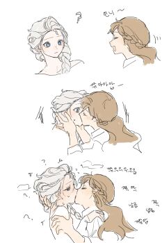 2girls absurdres anna_(frozen) blue_eyes blush braid closed_eyes closed_mouth commentary_request elsa_(frozen) freckles french_kiss frozen_(disney) frozen_1022 half_up_braid highres incest kiss korean_commentary korean_text long_hair multiple_girls open_mouth orange_hair siblings single_braid sisters smile translation_request white_hair yuri