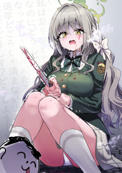 1girl absurdres blood blood_from_mouth bloody_knife blue_archive bow breasts brown_hair coat commentary_request crying crying_with_eyes_open doodle_sensei_(blue_archive) green_coat green_eyes green_halo grey_skirt hair_bow hair_intakes halo heavy_breathing highres holding holding_knife knees_together_feet_apart knees_up knife large_breasts long_sleeves miniskirt miyo_(blue_archive) panties pizzasi sensei_(blue_archive) skirt socks tearing_up tears text_background translation_request trembling turn_pale underwear white_bow white_panties white_socks