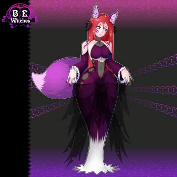1girl animal_ears animated animated_gif bare_shoulders be_witches breast_expansion breasts bursting_breasts cleavage covered_navel curvy female_focus fox_ears fox_tail full_body highres huge_breasts kitsune large_breasts long_hair matching_hair/eyes medium_breasts multiple_tails nail_polish nosebecc official_art red_eyes red_hair sideboob skindentation solo tail wide_hips