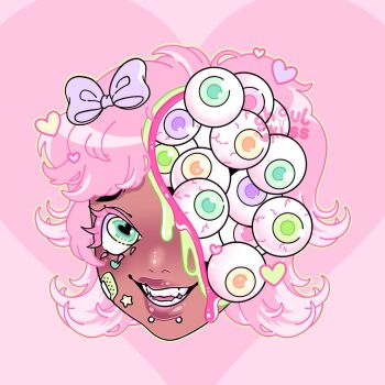 1girl artist_logo bandaid bandaid_on_cheek bandaid_on_face blood bow candy_gore colored_eyelashes commentary cropped_head dark-skinned_female dark_skin english_commentary eyeball ghoulkiss green_blood green_eyes green_outline gurokawa hair_bow heart heart-shaped_eyes heart-shaped_pupils heart_sticker logo looking_at_viewer open_mouth original outline pastel_colors pink_background pink_blood pink_hair pink_theme purple_bow purple_eyes short_hair smile snakebite_(piercing) solo star_(symbol) star_sticker sticker symbol-shaped_pupils watermark wavy_hair yellow_eyes