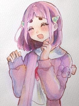 1girl arched_bangs blush cardigan closed_eyes collared_shirt hair_ornament hairclip highres lacey_(pokemon) long_sleeves looking_at_viewer nendo_0603 nintendo open_cardigan open_clothes open_mouth painting_(medium) pink_cardigan pink_hair pokemon pokemon_sv shirt short_hair simple_background smile solo traditional_media upper_body watercolor_(medium) white_shirt